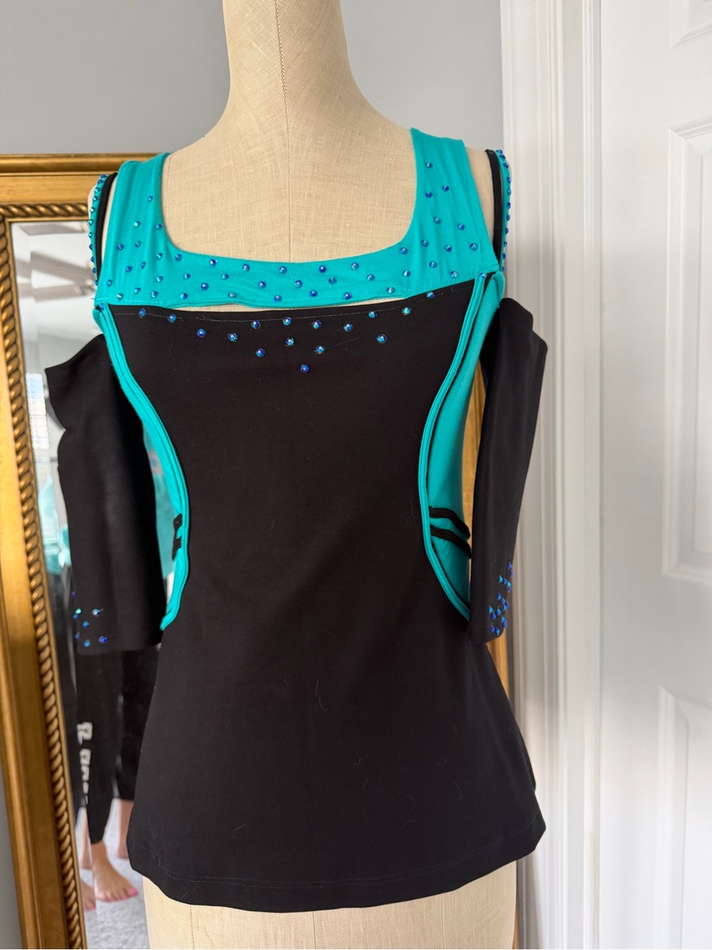 Custom scuba aerobic fitness Turquoise and Black Embellished pageant wear